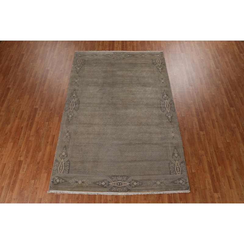 Tapis brun en laine noué à la main de conception unique 6 pi 7 po x 9 pi 10 po