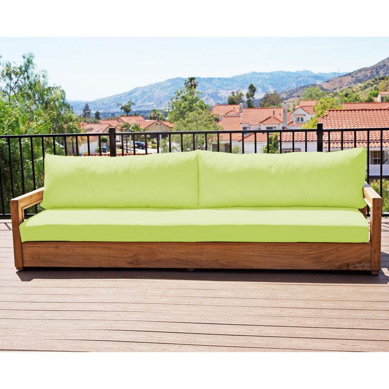 Crelake 107'' Wide Rectangular Teak Patio Sofa with Sunbrella® Cushions, Parrot