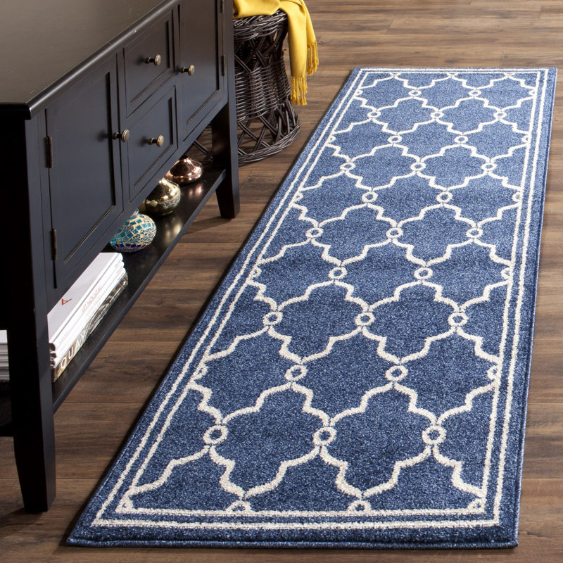 Tapis d'intérieur bleu marine / beige Arlecia, Tapis de couloir 2 pi 3 po x 9 pi