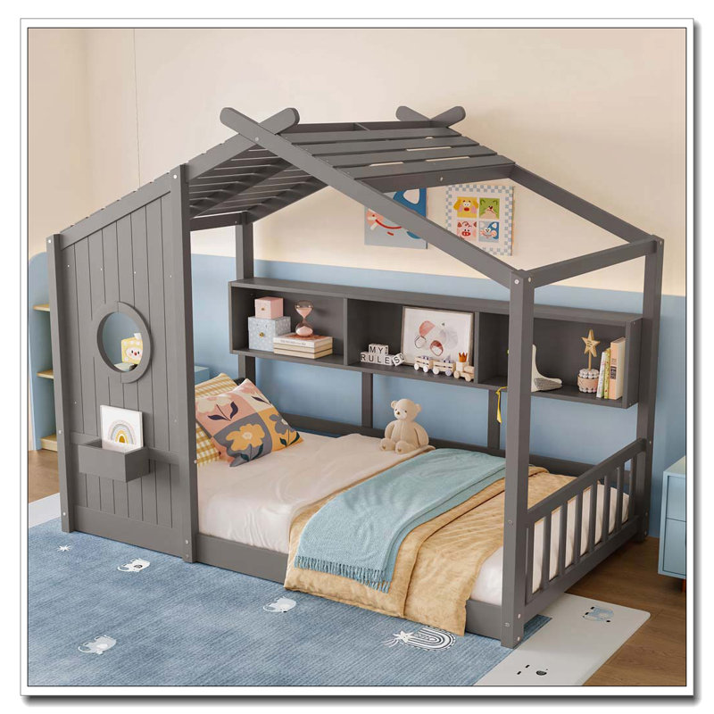 Lit de rangement avec tablette de rangement, Gris, Lit simple