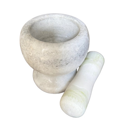Ensemble de mortier et pilon en marbre naturel, bol à moulin en pierre pour épices, herbes, ail, guacamole, salsa et bol à noix Molcajete pour la cuisine et la cuisine (blanc, diamètre 4 po)