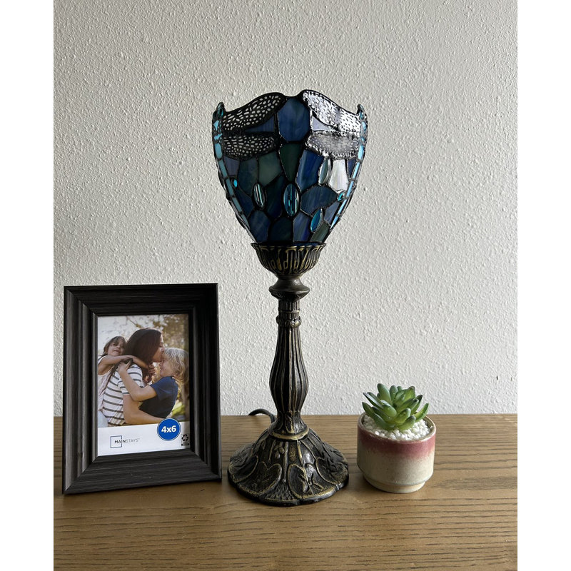 Simonetti Tiffany Torch Mini Table Lamp Dragonfly Blue Stained Glass LED Bulb Included 6"W*6"D*15"H, Blue