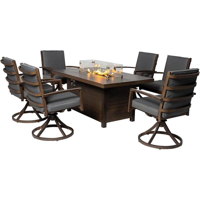 Ensemble repas 5 pièces pour patio avec foyer et 4 chaises pivotantes, Brun, 6