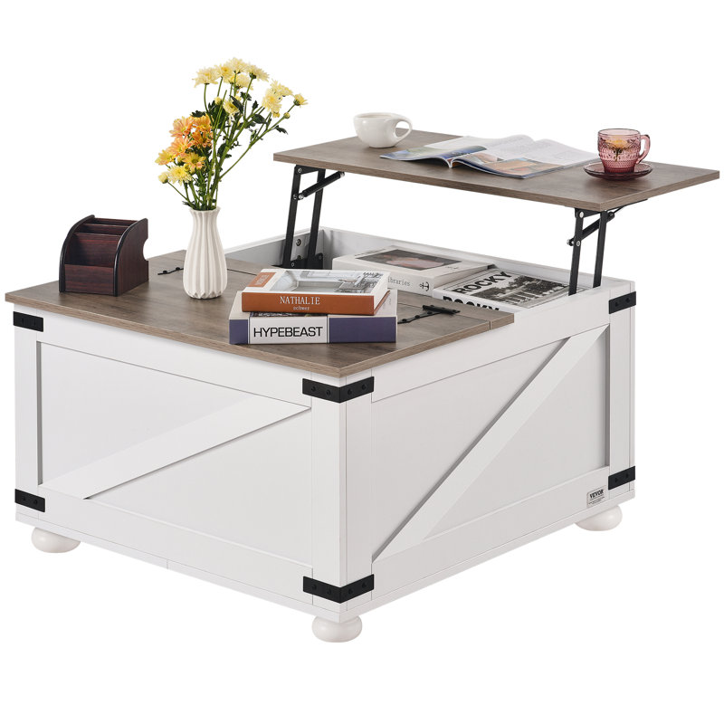 Gray and White Square Wooden Lift-Top Coffee Table with Storage