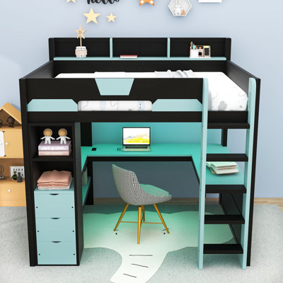 Wood Loft Bed with Desk, 3 Drawers, LED Lights and USB Ports