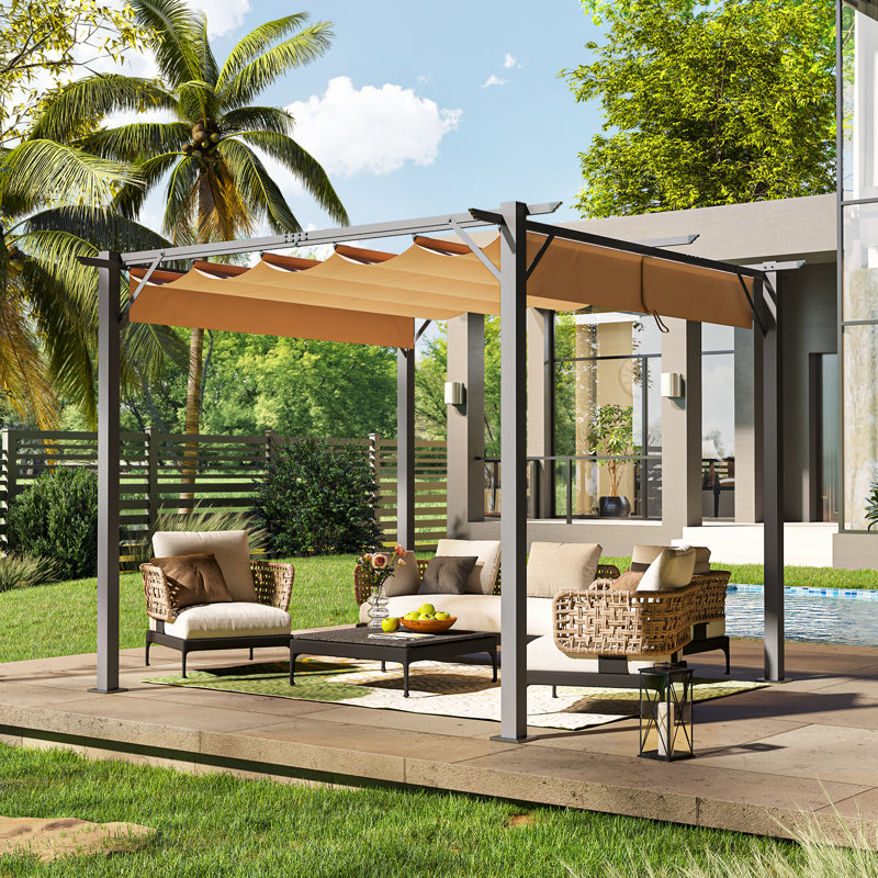 10 ft. W x 10 ft. D Outdoor Metal Pergola with Retractable Canopy and Anchoring Stand, 10 ft. W x 10 ft. D