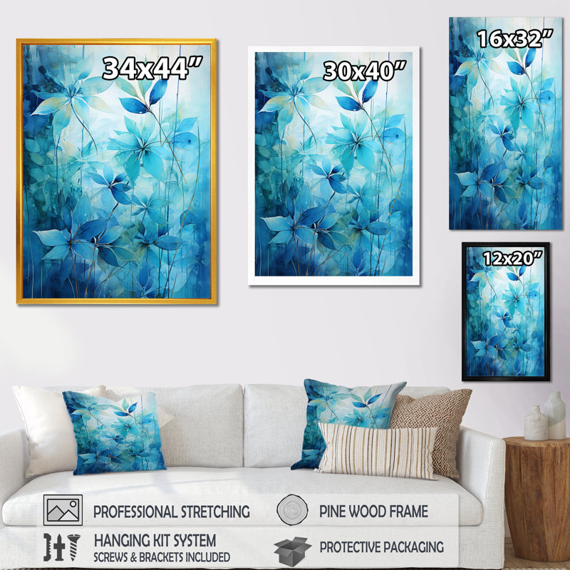 Blue Tropical Plants Mirage 3 - Jungle Wall Art, Gold Floater Frame, 20" H x 12" W x 1" D