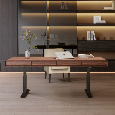 70.87" Italian Minimalist Electric Height-Adjustable Desk with Walnut Veneer, Dual Motor, and Built-in Desktop Power Outlet