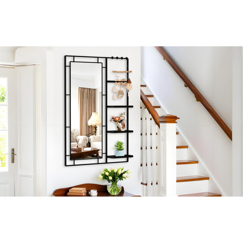 Miroir moderne 30 x 44 avec tablette - cadre en métal noir pour la salle de bain, image HD de la chambre à coucher, rouille, cadre multifonctionnel de meuble-lavabo, verre, rouille, solide
