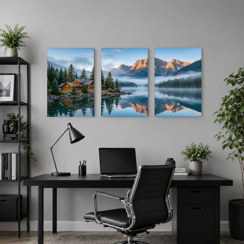 Toile orange sur un lac brumeux, reflet de montagnes, ensemble de 3 toiles, H 24 po x l 16 po x 3 pièces