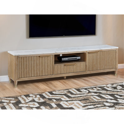 1Pc Modern Luxury And Sleek Fluted Wood Facade Pristine White Faux Marble Top Brass-Tone Accents Tapered Legs Tv Stand Media Console Natural Wood Finish
