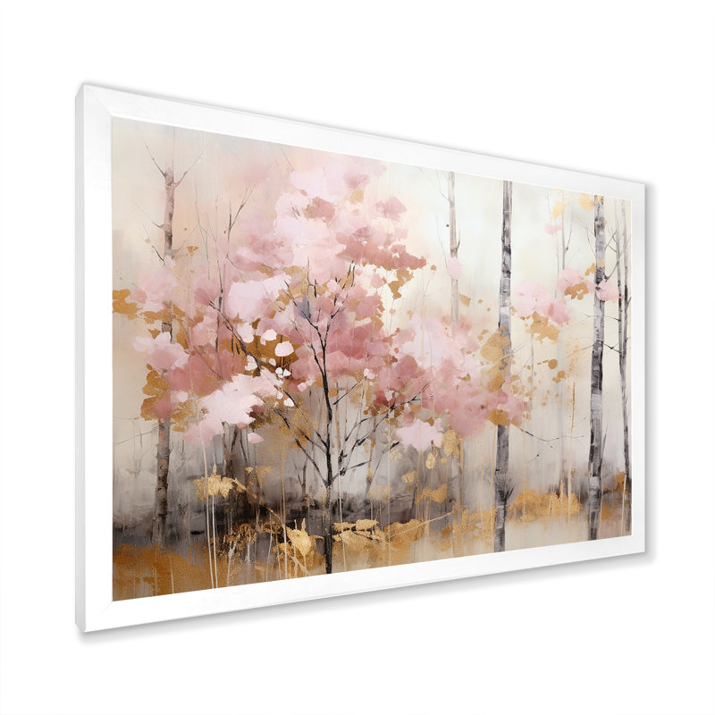 «Minimalisme rose et forêt dorée», reproduction sur toile, Cadre simple blanc, H 30 po x l 40 po x P 1,5 po