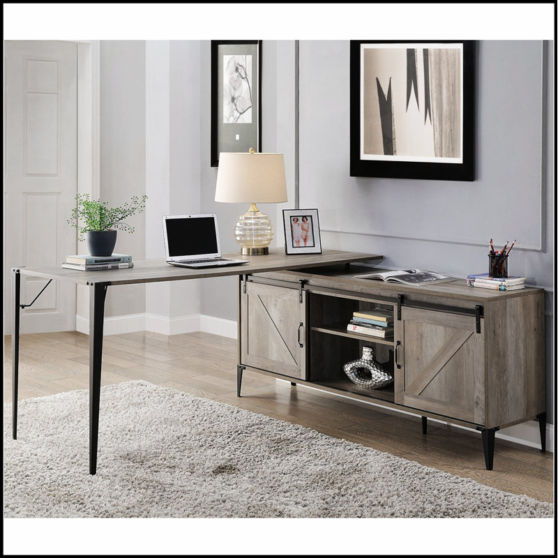 Bureau d'écriture en L avec armoire, portes de grange coulissantes, rangement spacieux et fabrication en bois composite durable pour les bureaux à domicile modernes.