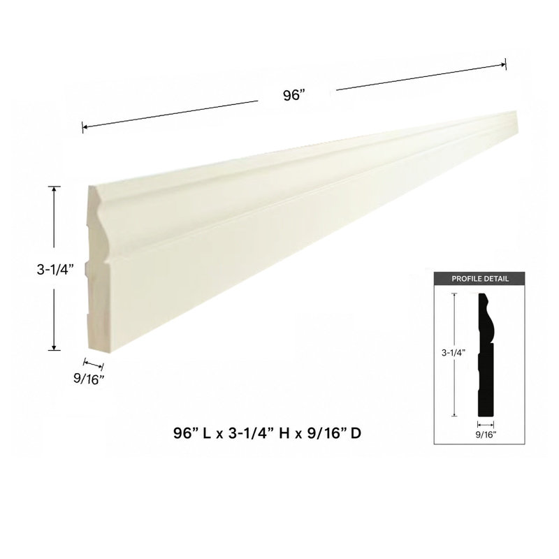 Primed Finger Jointed Pine Baseboard Trim & Molding, Paint-Ready Interior Wall Trim, 96" L x 3-1/4" H x 9/16" D, 12-Pack / 96 LF Bundle