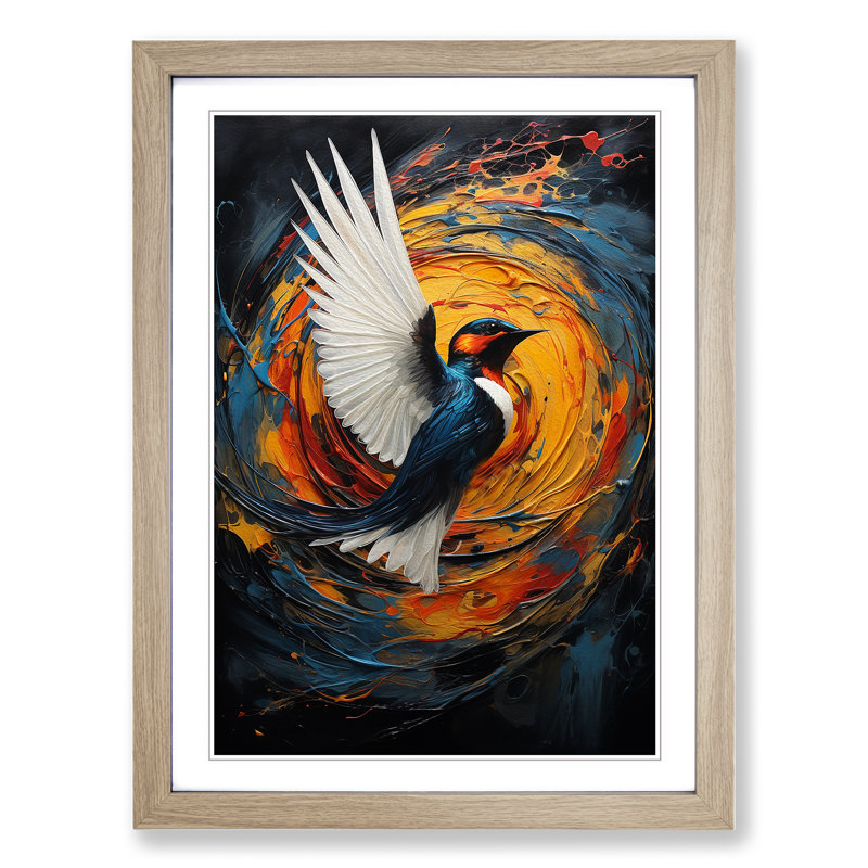 Swallow Hard Edge Painting - Single Picture Frame Print on Wood, 34cm H x 25cm W x 2cm D, Oak