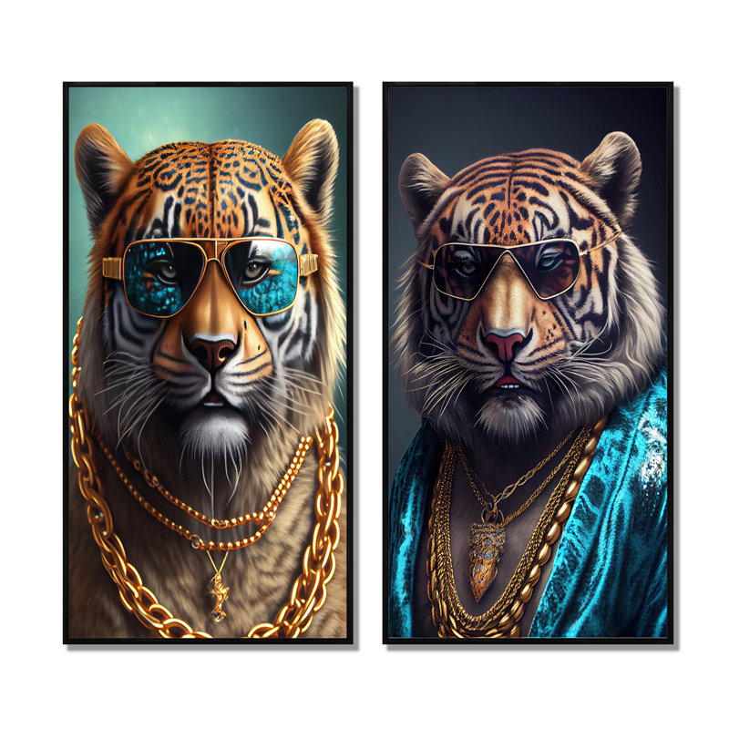 «Tiger Gambler», 2 pièces sur toile, Cadre noir, H 40 po x l 40 po
