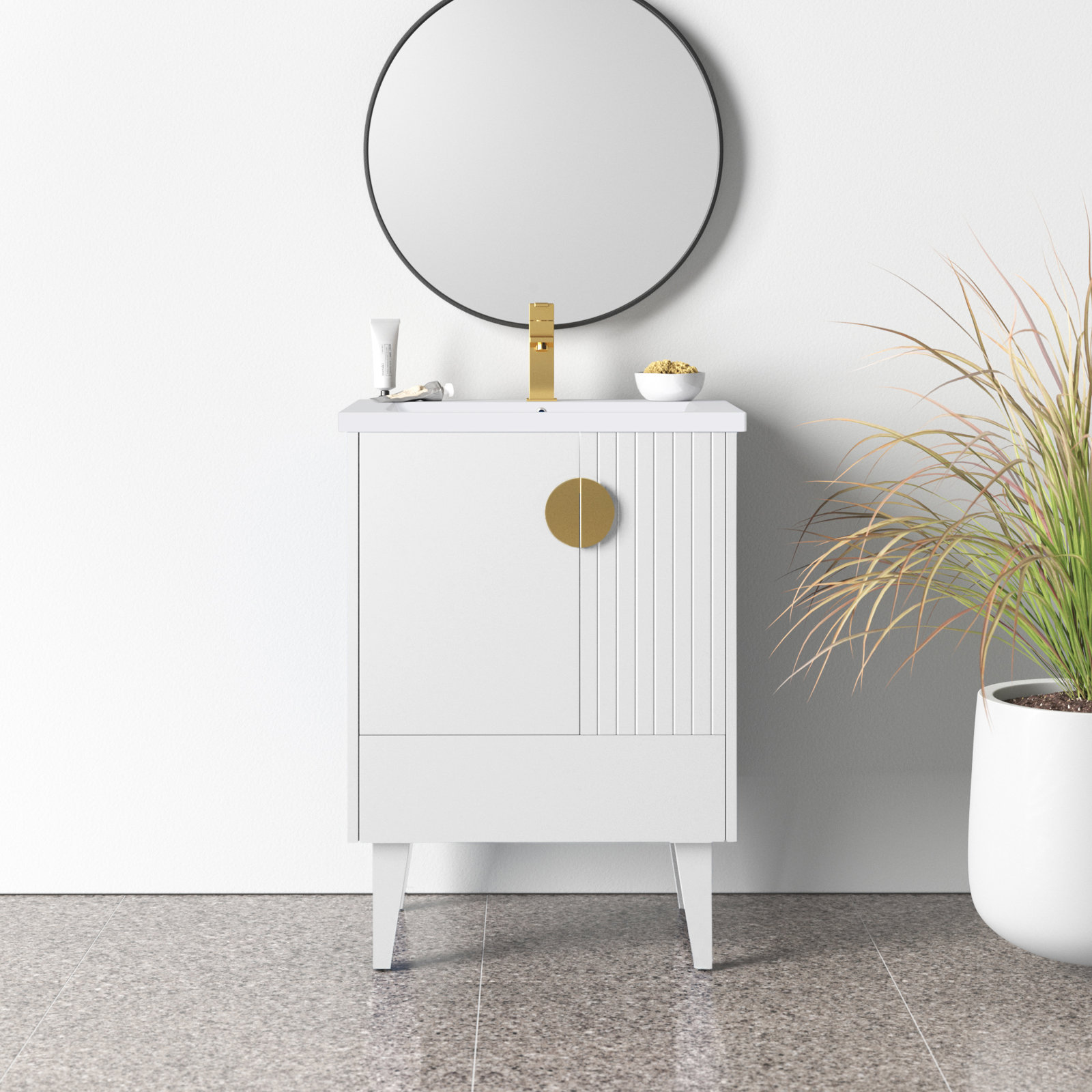 Saimah 24'' Single Bathroom Vanity, Satin Brass, White Matte