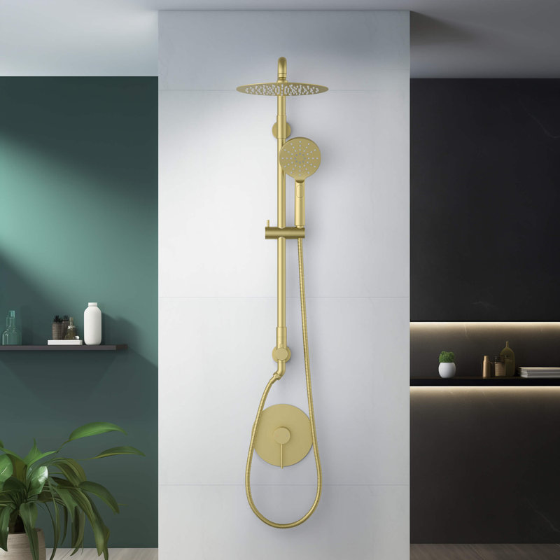 Dual Function Complete Shower System with Rough in-Valve, Brushed Gold