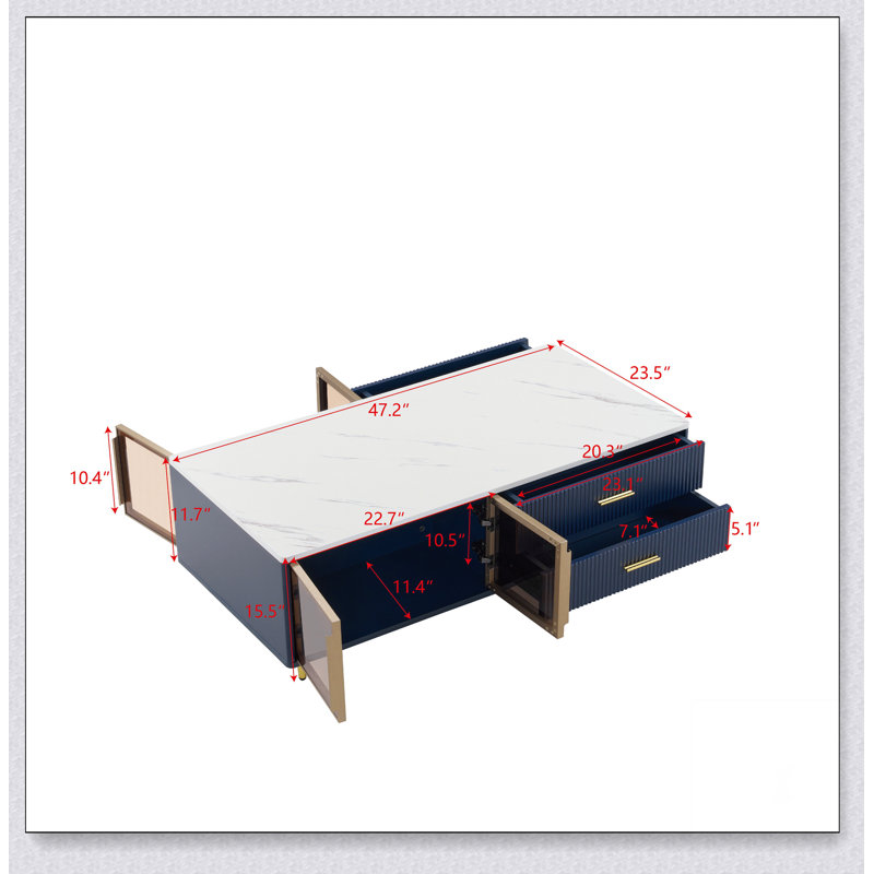 Table basse moderne bleu marine avec 2 portes de rangement en verre, 4 tiroirs, pieds en métal