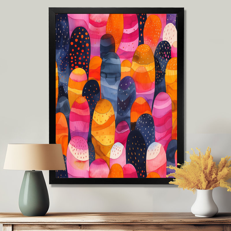 Motif bohémien rose à pois et rayures I - impression abstraite murale, Cadre photo noir simple, H 16 po x l 32 po