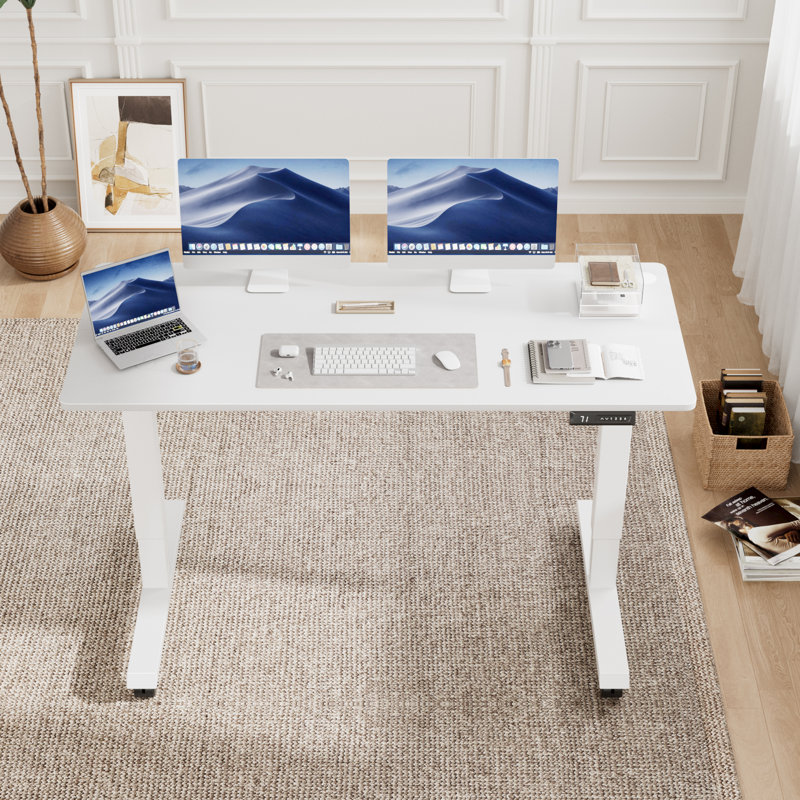 Bureau debout électrique à hauteur ajustable avec 4 roulettes verrouillables, Blanc / blanc, H 27,95 po x l 55 po x P 24 po