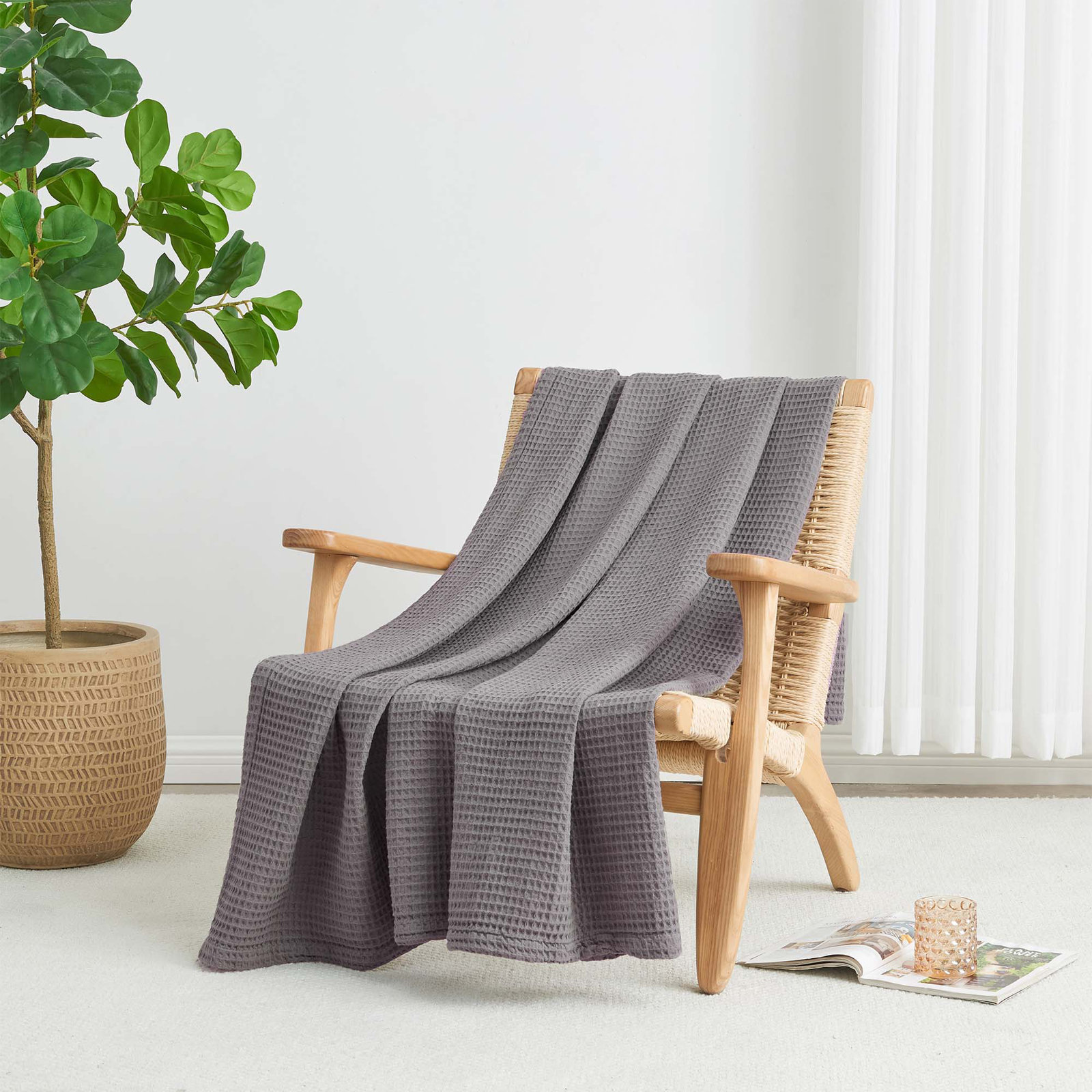 100% Cotton Waffle Weave Blanket, Dark Gray, Twin