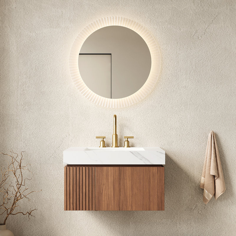 Wall Mounted Single Double With Stone Top, Brown Oak Carrara White, Brun, chêne, blanc de Carrare