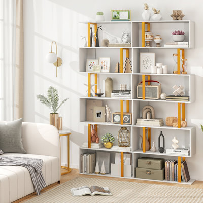 2 PCS Geometric Bookcase S-Shaped Bookshelf w/ Metal Frame Gold