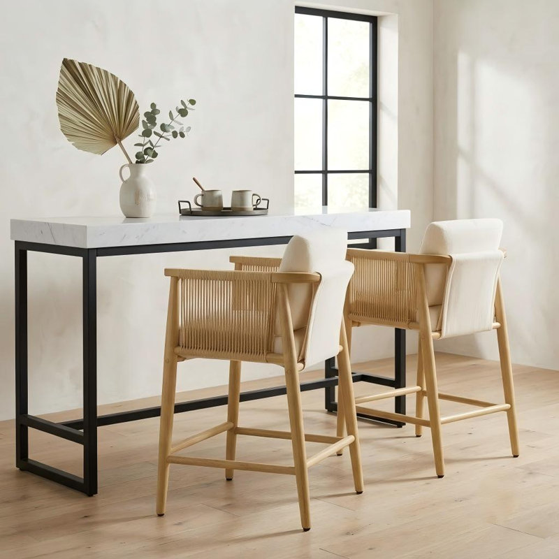 Upholstered Counter Stools with Hand-Woven Rope Arms, Cream