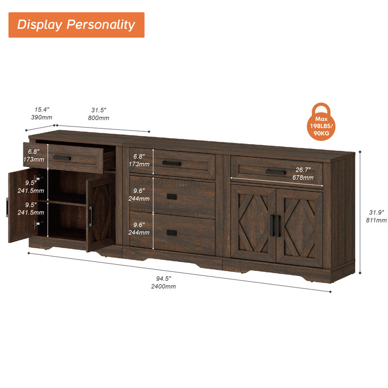 94.5"W Extra-Large Office Cabinet, 3-In-1 Farmhouse Storage Cabinet With 3 Drawers And Barn Door Compartment, Spacious Office Console With Media Shelves For Office, Bedroom,Dark Brown