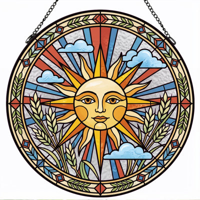 Sun Face Stained Glass Window Panel，12"H