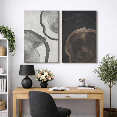 Tree Ring "Grey Wood Stump Abstract Neutral Artwork, Rustic Farmhouse Cabin Wall Pictures, Framed Canvas Giclee Print 2 Pieces Wall Art Set"  16x24x2 pcs, 24x36x2 pcs