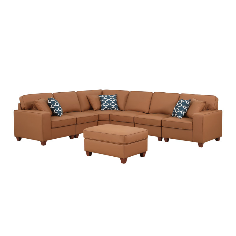 Shayle Artificial Leather Modular Sectional With Ottoman, Brown Faux Leather, 35"H x 125.25"W x 33.25"D