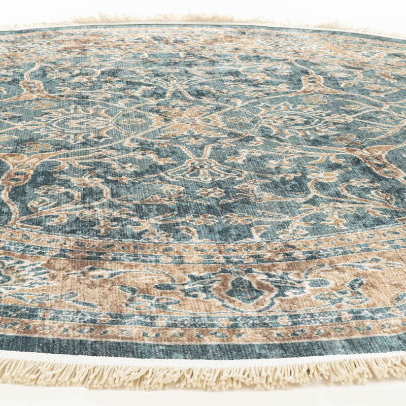 Alfa Rich Clemts Ultra-Thin Oriental Blue Gold Non-Slip Washable Area Rugs for Living Room Bedroom, Round 4'11''