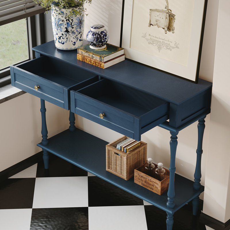 Mid-century Console Table with 2 Drawers(Minimal Assembly Needed), Blue