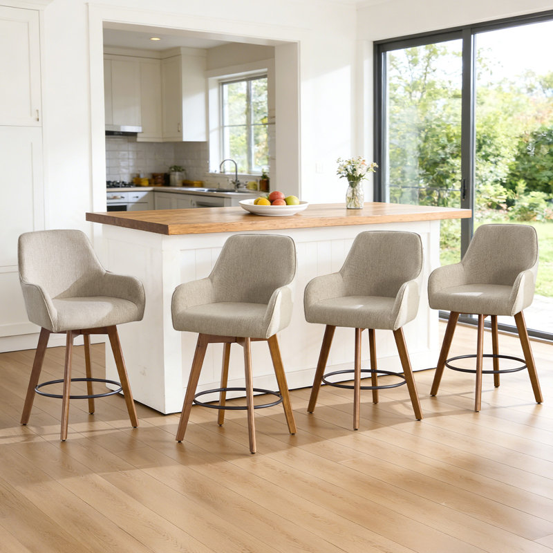 Set of 4 Swivel Upholstered 25'' Counter Stool with Solid Wood Frame & Full Back Arms, 4, Beige