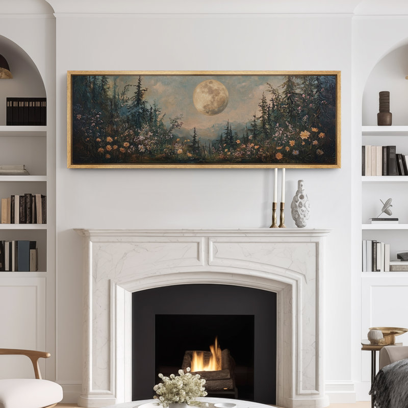 Pleine lune sur forêt, impression sur toile surdimensionnée, décorations murales encadrées, H 20 po x l 60 po, Naturel