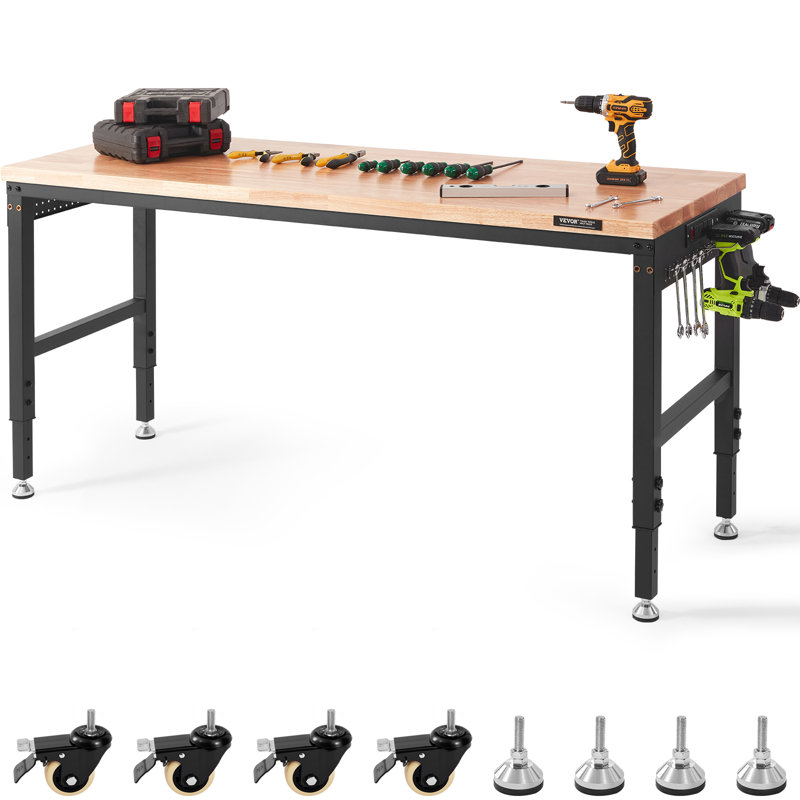 Table de travail de garage réglable, table de travail de garage de 183 cm L x 64 cm l avec roulettes universelles, hauteurs réglables de 71 à 100 cm et capacité de charge de 1360 kg, comprenant des prises électriques, un plateau en bois dur, du rangement et des patins de protection.