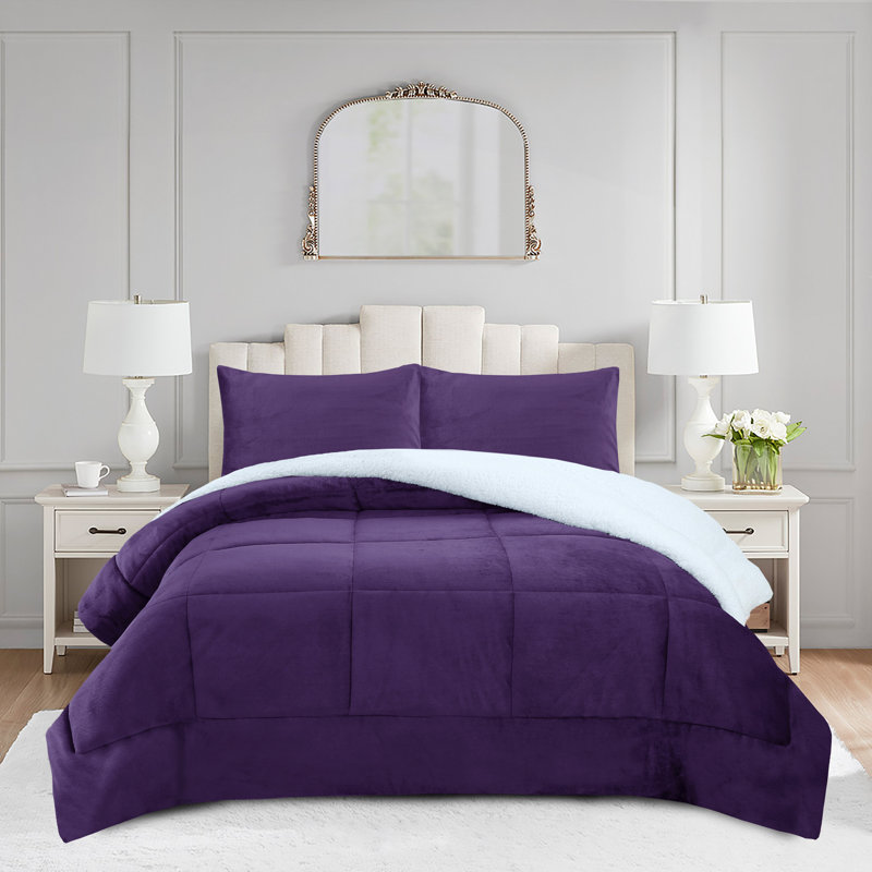 Ensemble d'édredon 3 pièces Micromink Sherpa - Édredon moelleux moelleux avec 2 taies d'oreiller, Mauve