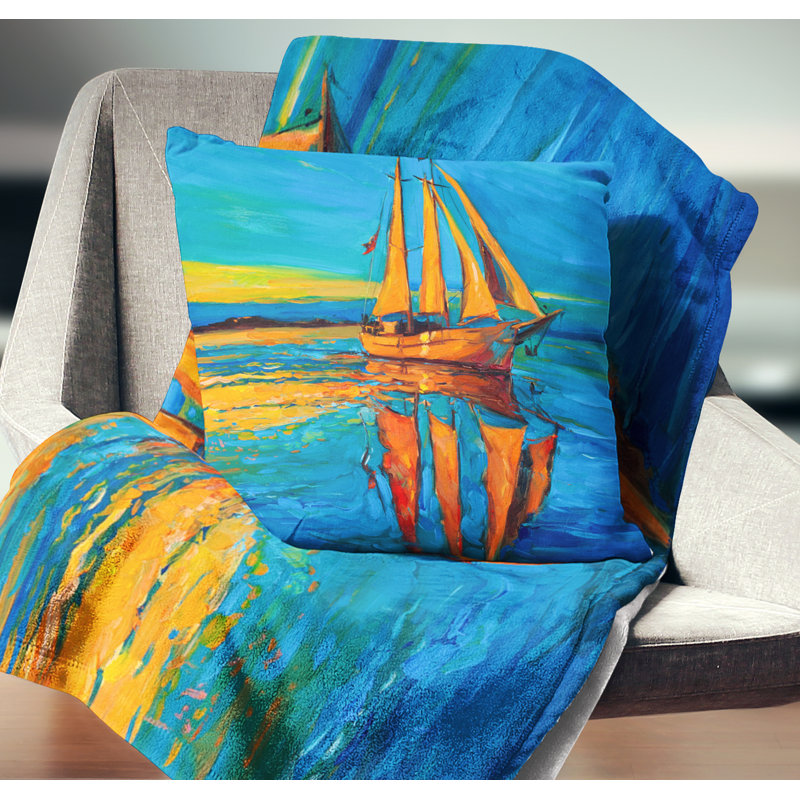 Coussin brun - Bateau imprimé Sea & Shore, 16 po x 16 po, Coussin décoratif