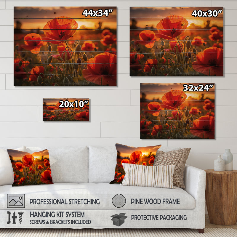 Champ de coquelicots rouges avec coucher de soleil II sur bois, H 24 po x l 32 po x P 0,78 po