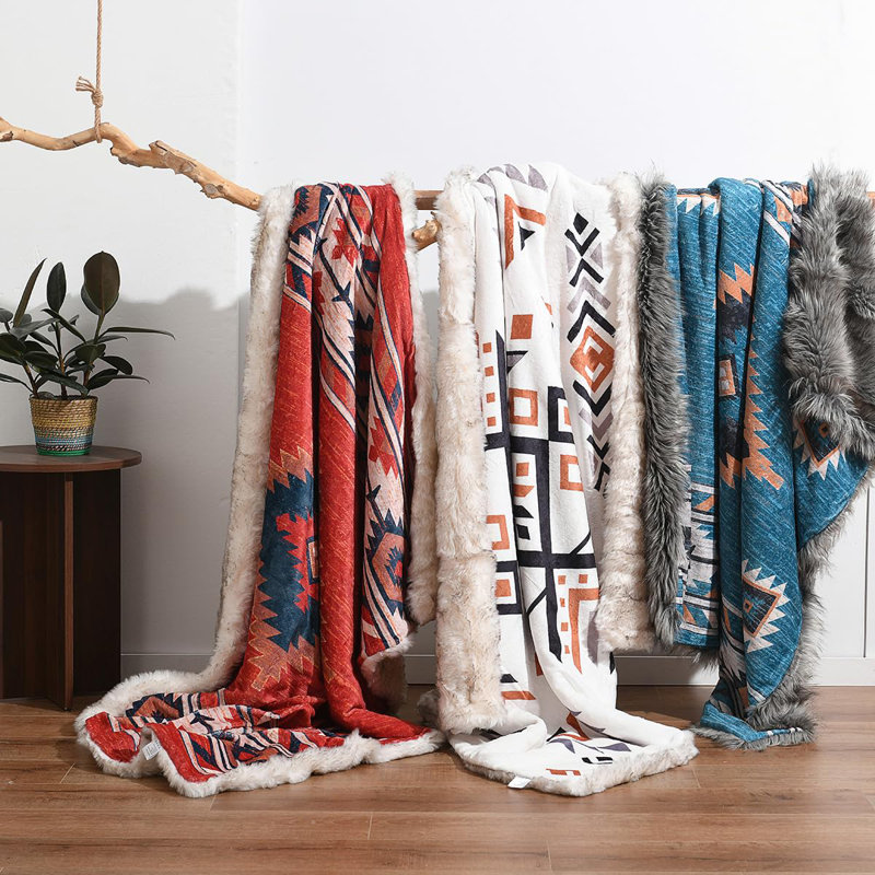 Queen Size Cream Aztec Pattern Faux Fur Throw Blanket