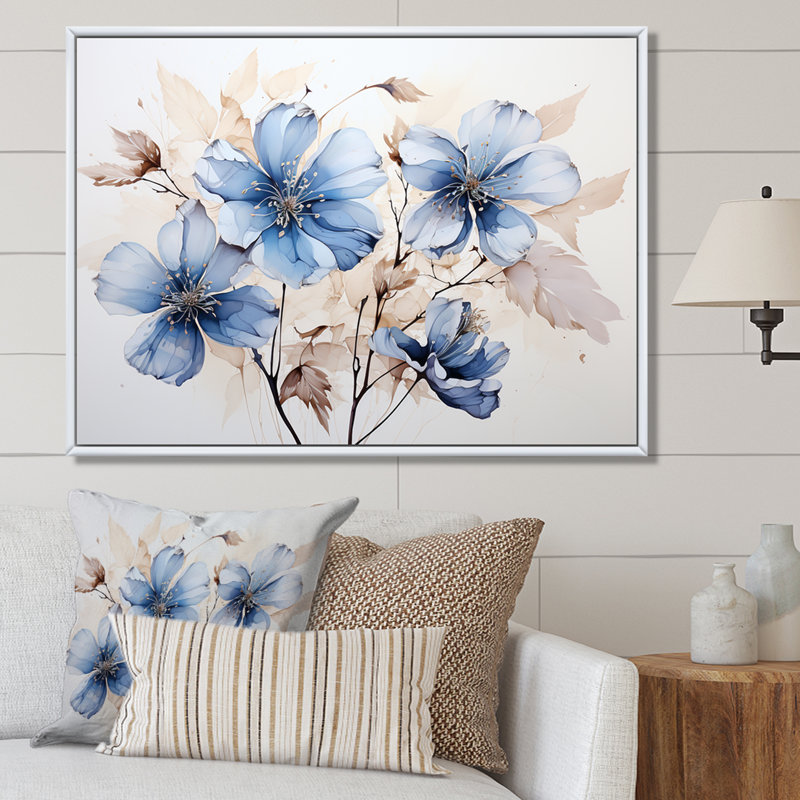«Blue and White Timeless Minimalisme Hibiscus» sur toile, Cadre flottant blanc, H 34 po x l 44 po