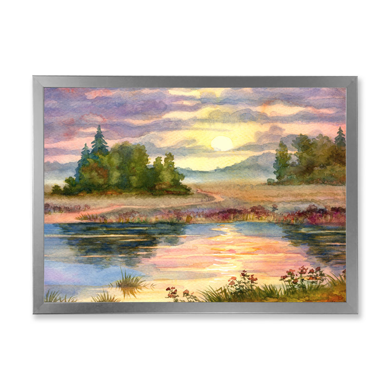 Coucher de soleil sur le lac I - peinture sur toile, H 30 po x l 40 po x 1,5 po, Toile avec cadre argenté