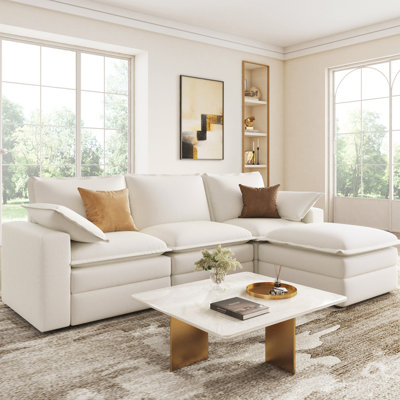 L Shaped Sectional Sofa, Cloud Couch With Ottoman, Modular Sectional For Living Room, Off-white