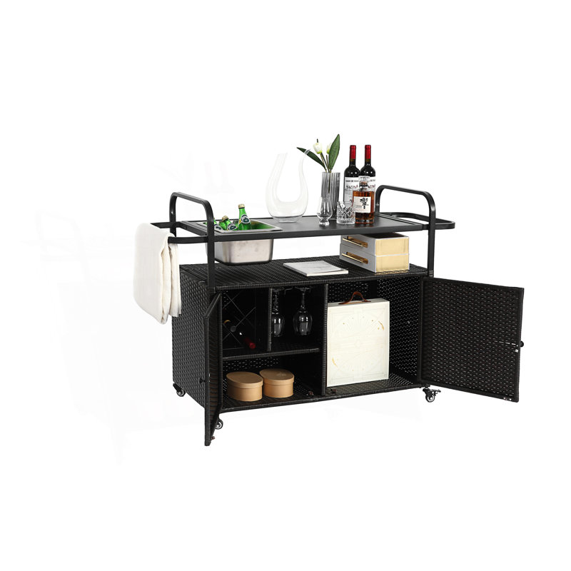 Outdoor Bar Table, Wicker Bar Cart With Cabinet, Patio Serving Cart With Steel Top, Black