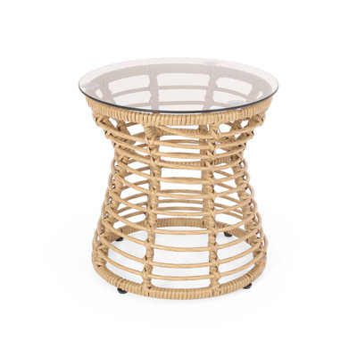 Charming Boho Wicker and Metal Side Table with Tempered Glass Top for Outdoor Use