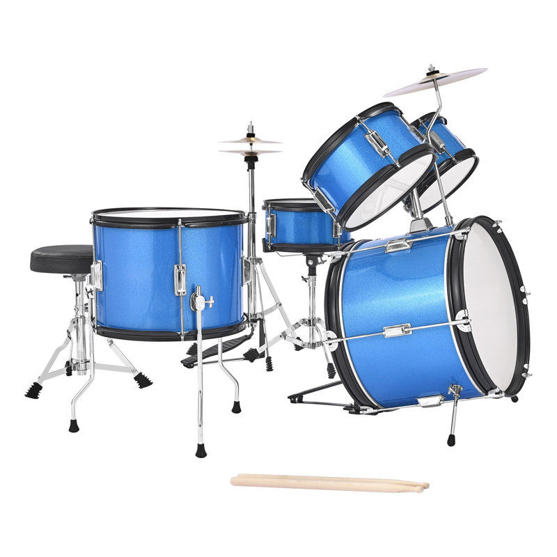 Batterie pour enfants de 5 pièces, ensemble junior de 16 pouces avec siège réglable, cymbale et baguettes, construction en bois de peuplier, pour les 6 à 13 ans, bleu