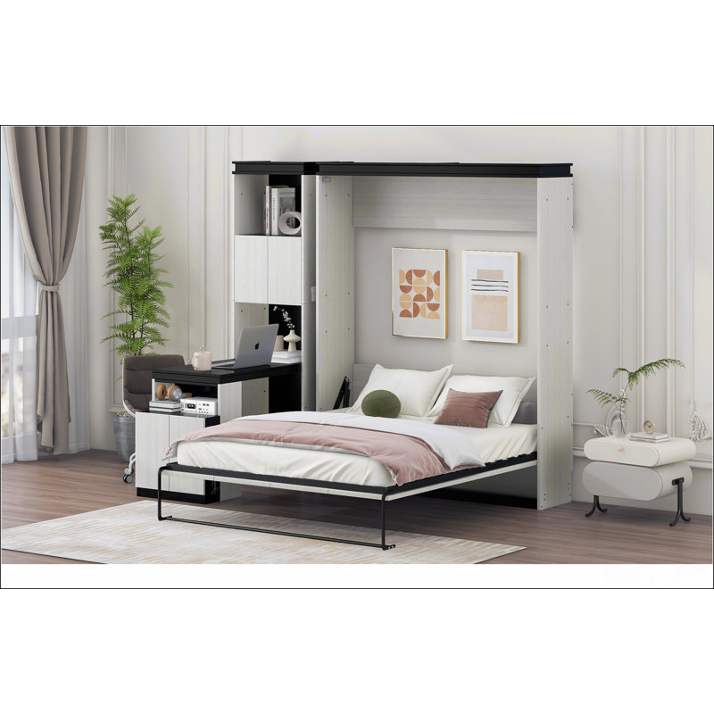 Lit escamotable double avec bureau, tablettes et armoires de rangement, noir et blanc
