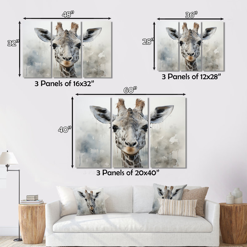 Girafe gracieuse, impression sur toile 3 pièces, H 40 po x l 60 po x P 1 po